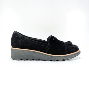 Clarks Sharon Dasher Womens 7 Wide Fit Black Suede Wedge Heel Slip On Shoes